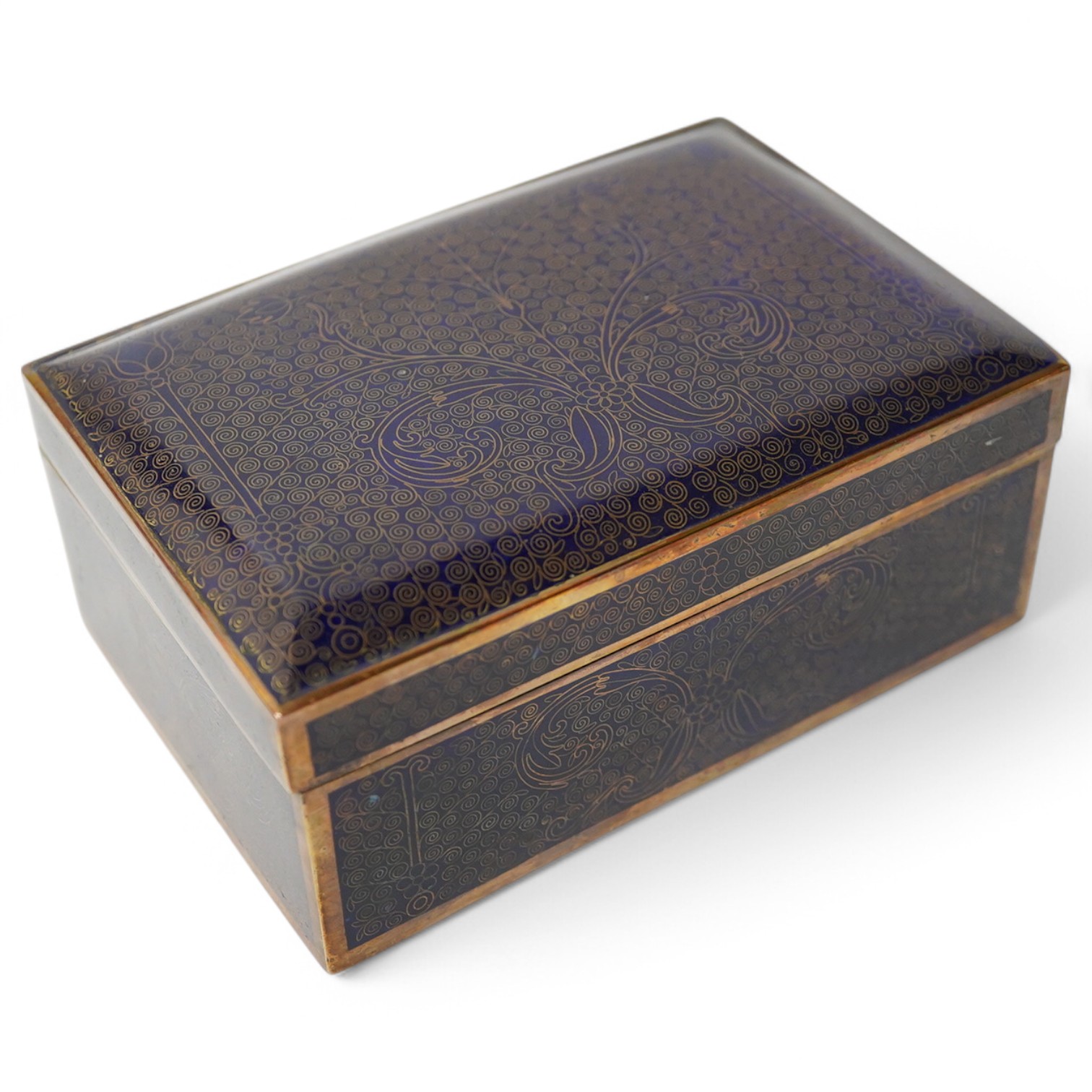 A Chinese cloisonné copper enamel cigarette box, 13.5cm wide x 9.5cm deep., Condition -good